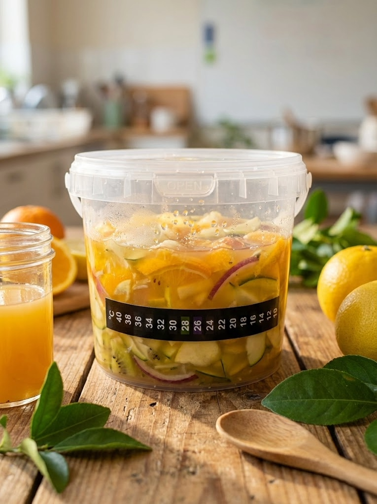 仕込み終わった手作り酵素ジュースと専用容器